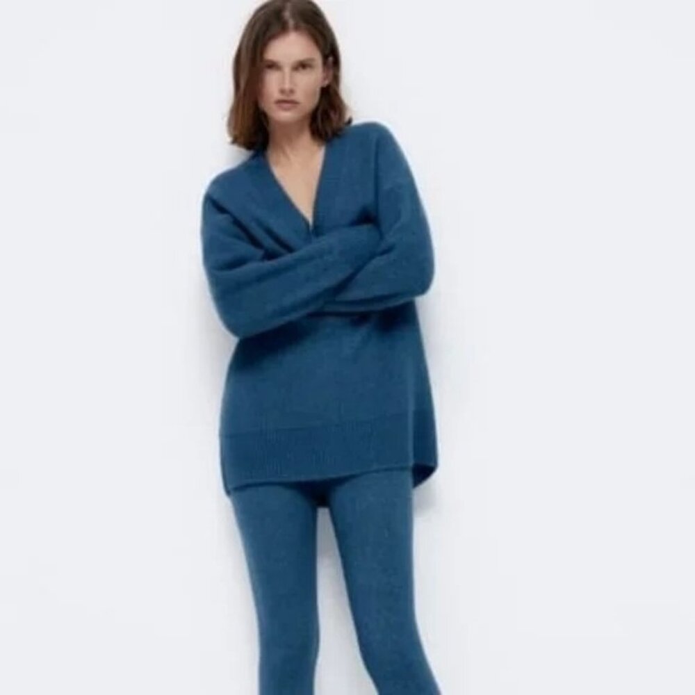 Zara Knit Sweater & Leggings Set In Blue Green
